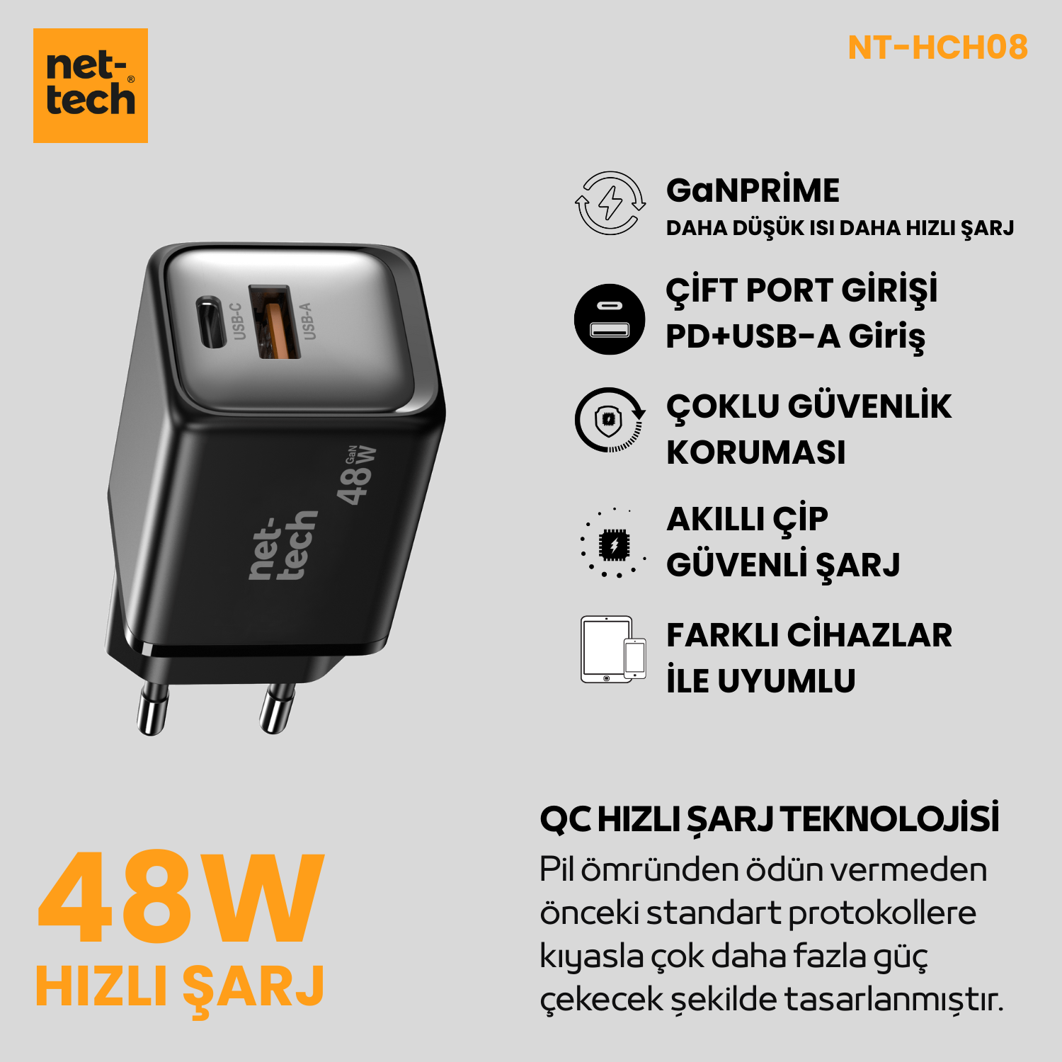 Nettech NT-HCH08 GaN Prime 48W Şarj Aleti (Siyah) NT-HCH08