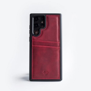 Zawa Samsung Galaxy S22 Ultra Uyumlu Suni Deri Kartlık Arka Koruma Kılıf (Bordo) NT-118291