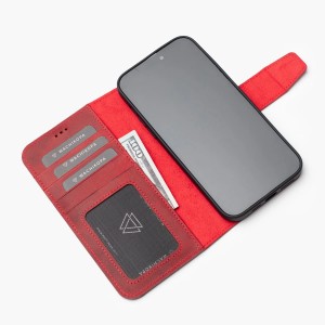Zawa Apple iPhone 15 Plus Uyumlu Classic Hakiki Deri Kapaklı Kılıf (Bordo) NT-118351