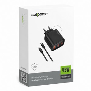 RealPower TCS45WBK GAN 45W 3000 mAh Type-C To Type-C Şarj Aleti (Siyah) NT-119372