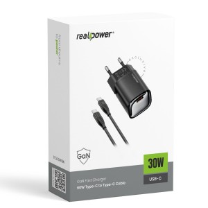 RealPower TCS30WWH GAN 30W 3000 mAh Type-C To Type-C Şarj Aleti (Siyah) NT-119363