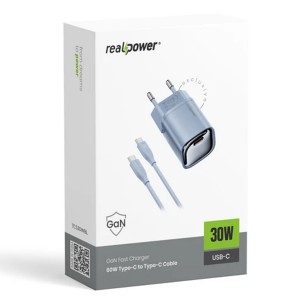 RealPower TCS30WWH GAN 30W 3000 mAh Type-C To Type-C Şarj Aleti (Mavi) NT-119359