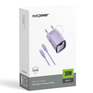 RealPower TCS30WWH GAN 30W 3000 mAh Type-C To Type-C Şarj Aleti (Mor) NT-119360