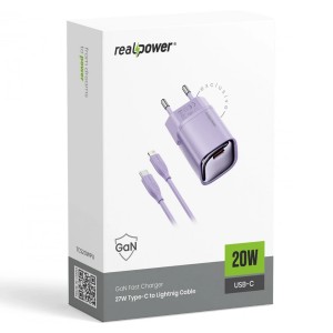 RealPower TCS20WWH GAN 20W 3000 mAh Type-C To Lightning Şarj Aleti (Mor) NT-119357