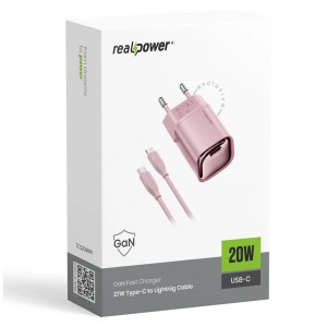 RealPower TCS20WWH GAN 20W 3000 mAh Type-C To Lightning Şarj Aleti (Pembe) NT-119356