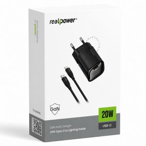RealPower TCS20WWH GAN 20W 3000 mAh Type-C To Lightning Şarj Aleti (Siyah) NT-119354