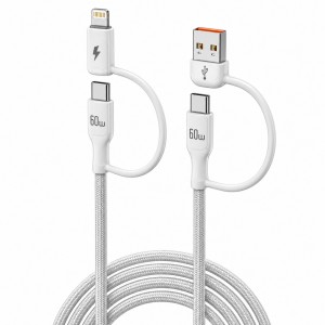 Nettech NT-DC63 60W İp Örgü 100 Cm Type-C To Type-C+Lightning Şarj ve Data Kablosu (Beyaz) NT-117914