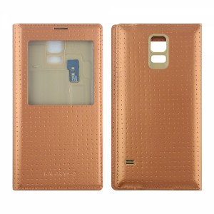 Nettech Samsung Galaxy G900 S5 Uyumlu Pencereli Kapaklı Kılıf (Gold) VR-9090