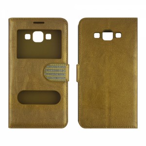 Nettech Samsung Galaxy A700 A7 2015 Uyumlu Pencereli Kapaklı Kılıf (Gold) VR-8155