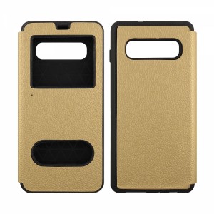 Nettech Samsung Galaxy S10 Plus Uyumlu Pencereli Kapaklı Kılıf (Gold) VR-14496