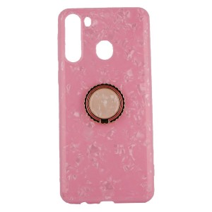 Nettech Samsung Galaxy A21 Uyumlu Mermer Desenli Yüzüklü Arka Koruma Kılıf (Pembe) VR-21279