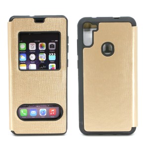 Nettech Samsung Galaxy M11 Uyumlu Pencereli Kapaklı Kılıf (Gold) NT-79947