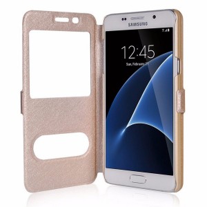Nettech Samsung Galaxy G570 J5 Prime Uyumlu Pencereli Kapaklı Kılıf (Gold) VR-1128
