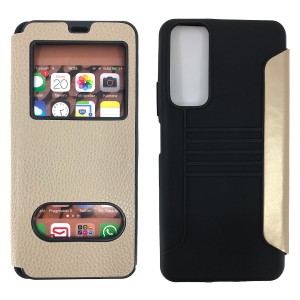 Nettech Huawei P Smart 2021 Uyumlu Pencereli Kapaklı Kılıf (Gold) NT-84501