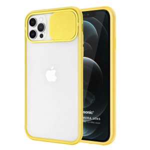 Nettech Apple iPhone 12 Uyumlu Buzlu Kızaklı Kamera Korumalı Arka Koruma Kılıf (Sarı) NT-84558