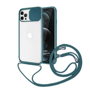 Nettech Apple iPhone 11 Pro Max Uyumlu İpli Kızaklı Buzlu Arka Koruma Kılıf (Yeşil) NT-85008
