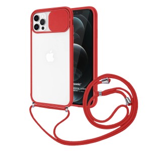 Nettech Apple iPhone 12 Pro Uyumlu İpli Kızaklı Buzlu Arka Koruma Kılıf (Kırmızı) NT-85012
