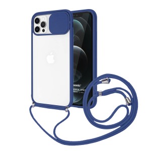 Nettech Apple iPhone 12 Pro Uyumlu İpli Kızaklı Buzlu Arka Koruma Kılıf (Lacivert) NT-85014