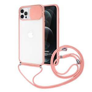 Nettech Apple iPhone 12 Pro Uyumlu İpli Kızaklı Buzlu Arka Koruma Kılıf (Pembe) NT-85015