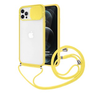 Nettech Apple iPhone 12 Pro Uyumlu İpli Kızaklı Buzlu Arka Koruma Kılıf (Sarı) NT-85018