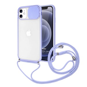 Nettech Apple iPhone 12 Mini Uyumlu İpli Kızaklı Buzlu Arka Koruma Kılıf (Lila) NT-85028