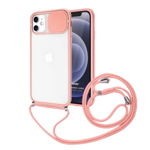 Nettech Apple iPhone 12 Mini Uyumlu İpli Kızaklı Buzlu Arka Koruma Kılıf (Pembe) NT-85029