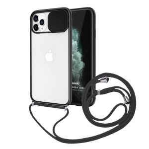 Nettech Apple iPhone 12 Pro Max Uyumlu İpli Kızaklı Buzlu Arka Koruma Kılıf (Siyah) NT-85019