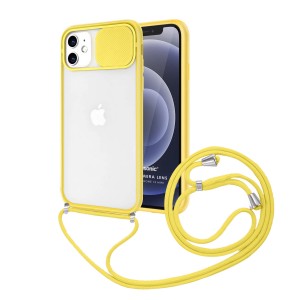 Nettech Apple iPhone 12 Mini Uyumlu İpli Kızaklı Buzlu Arka Koruma Kılıf (Sarı) NT-85026