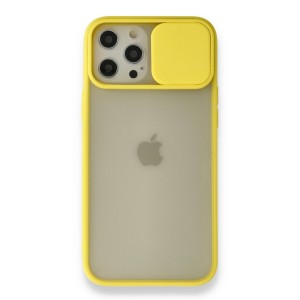 Nettech Apple iPhone 12 Pro Max Uyumlu Buzlu Kızaklı Kamera Korumalı Arka Koruma Kılıf (Sarı) NT-89755