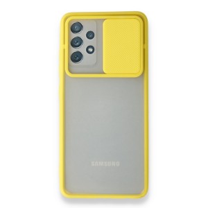 Nettech Samsung Galaxy A72 Uyumlu Buzlu Kızaklı Kamera Korumalı Arka Koruma Kılıf (Sarı) NT-89848