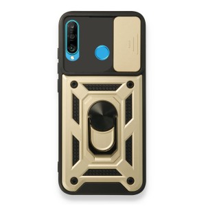 Nettech Huawei P30 Lite Uyumlu Kızaklı Panzer Seri Arka Koruma Kılıf (Gold) NT-86230
